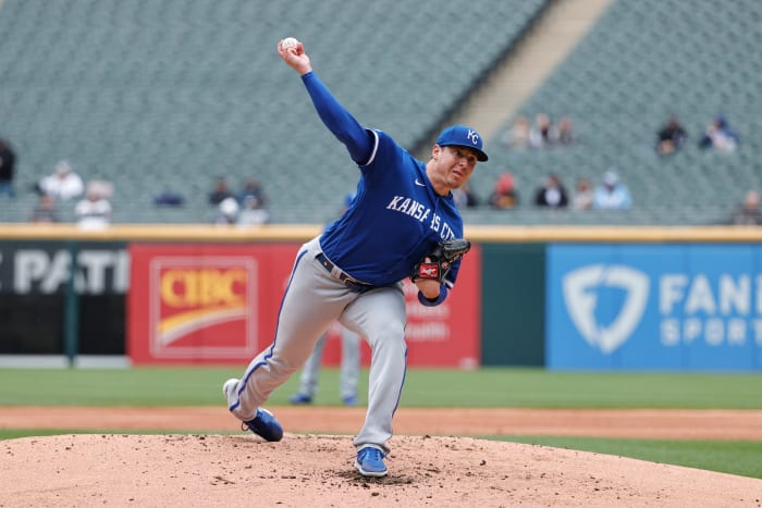Apr 28, 2022; Chicago, Illinois, USA; Kansas City Royals starting pitcher Brad Keller (56) delivers against the Chicago White Sox during the first inning at Guaranteed Rate Field. Mandatory Credit: Kamil Krzaczynski-USA TODAY Sports